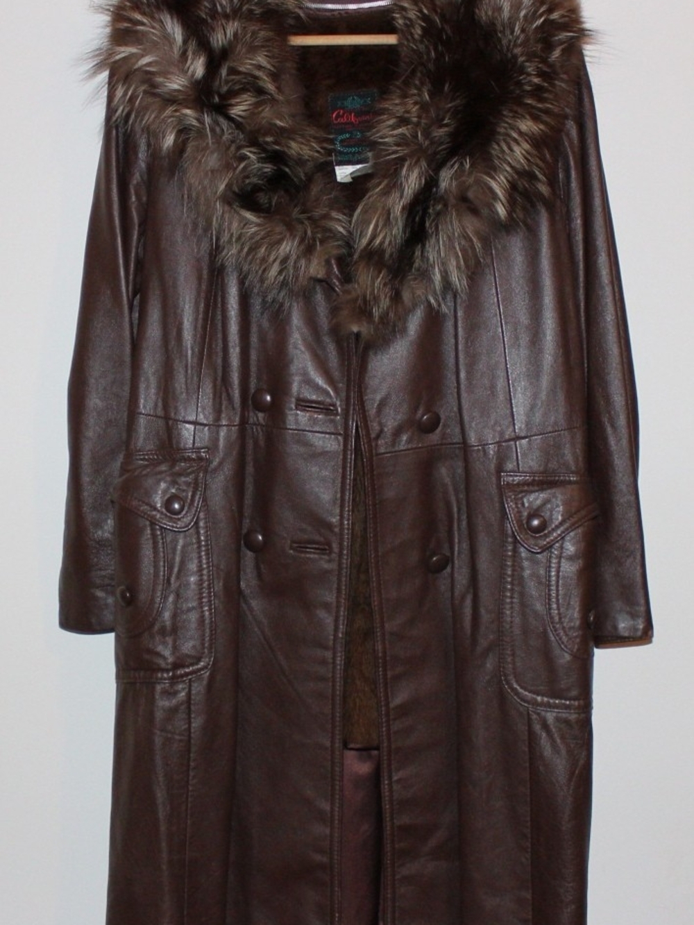 Women's Dark Brown Leather Coat with Faux Fur Collar